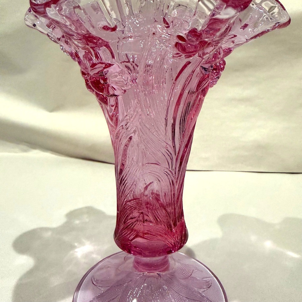 Fenton Empress Rose Pink Glass Vase Daffodil Embossed Ruffled Crimped Footed - Picture 6 of 8